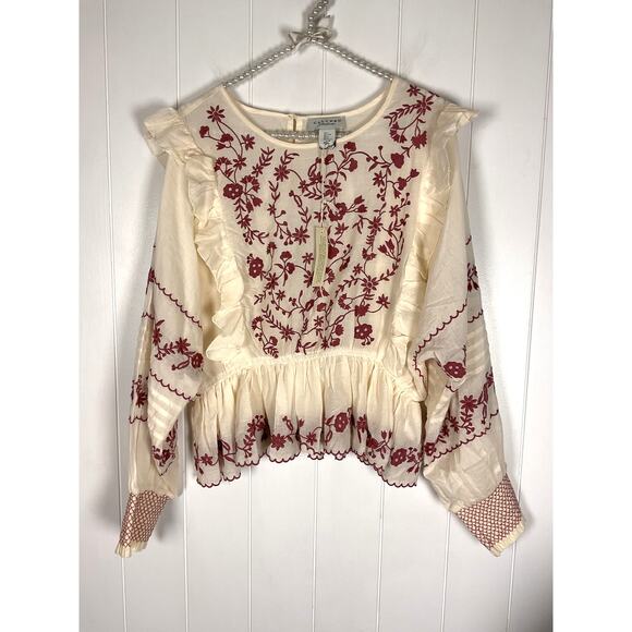 Calypso St Barth NWT Cream Embroidered Ruffle Keyhole Closure Blouse Size Large - Picture 1 of 7